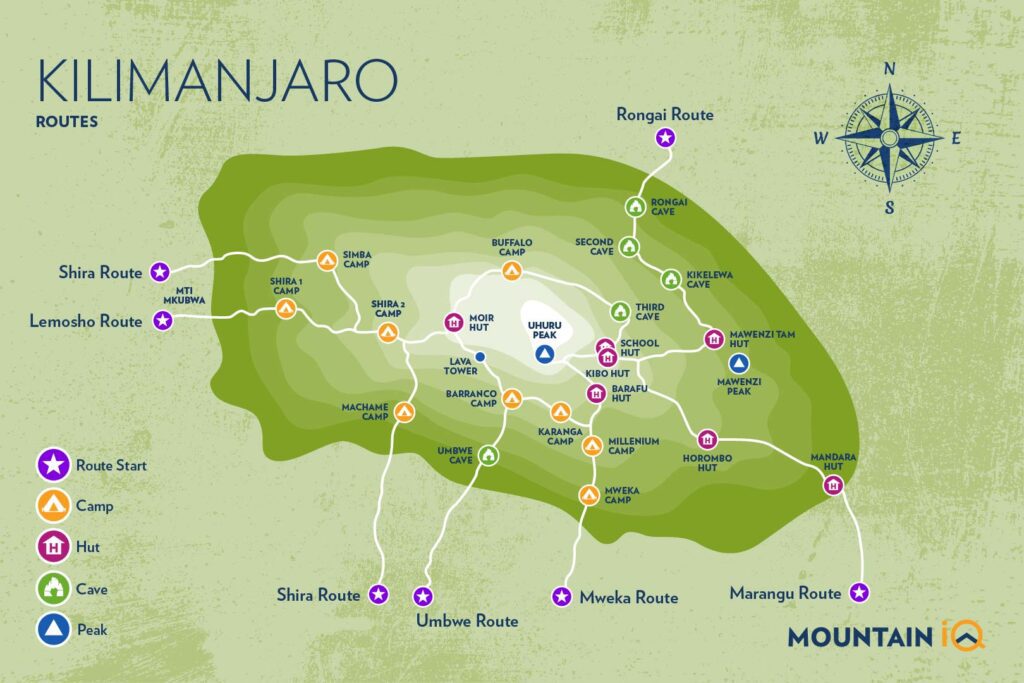 Aerial map of all Mt. Kilimanjaro routes