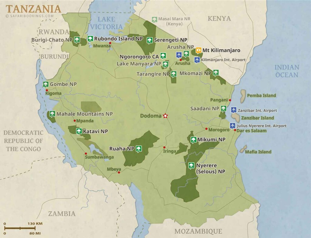 Tanzania national parks map, Tanzania