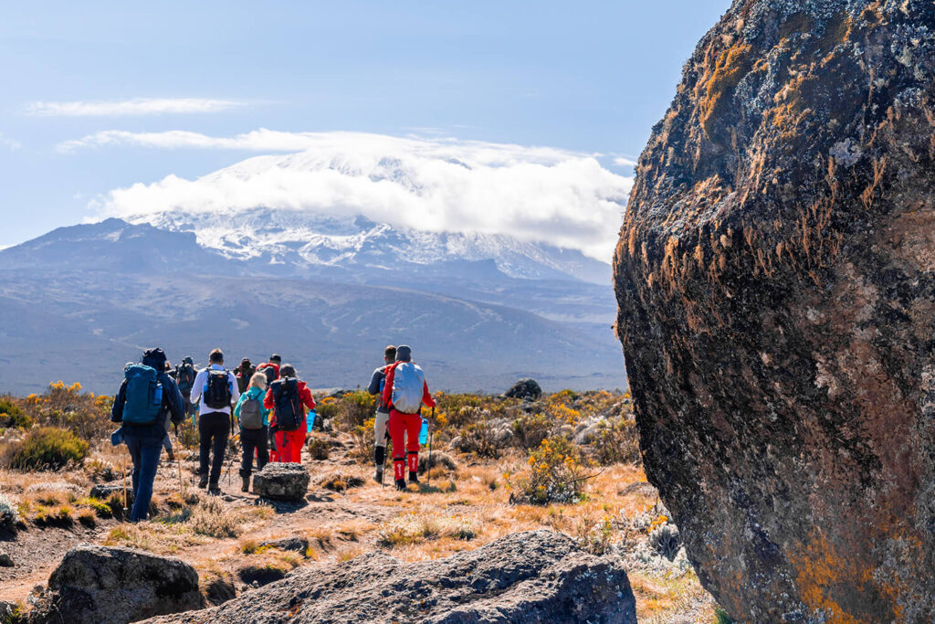 A group of hikers walking slowly towards camp on day 4 of their 6 Days Machame Route Kilimanjaro Trekking