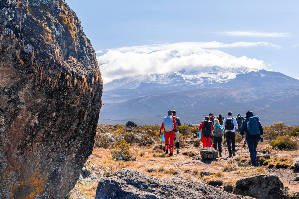 A group of hikers walking slowly towards camp on day 4 of their 6 Days Machame Route Kilimanjaro Trekking