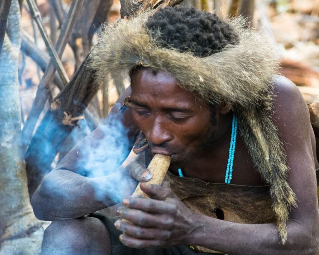 Hadzabe tribe member smoking