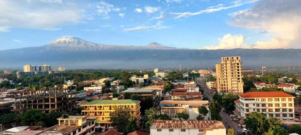 The town of Moshi with clear skies and Mt. Kilimanjaro in the back ground